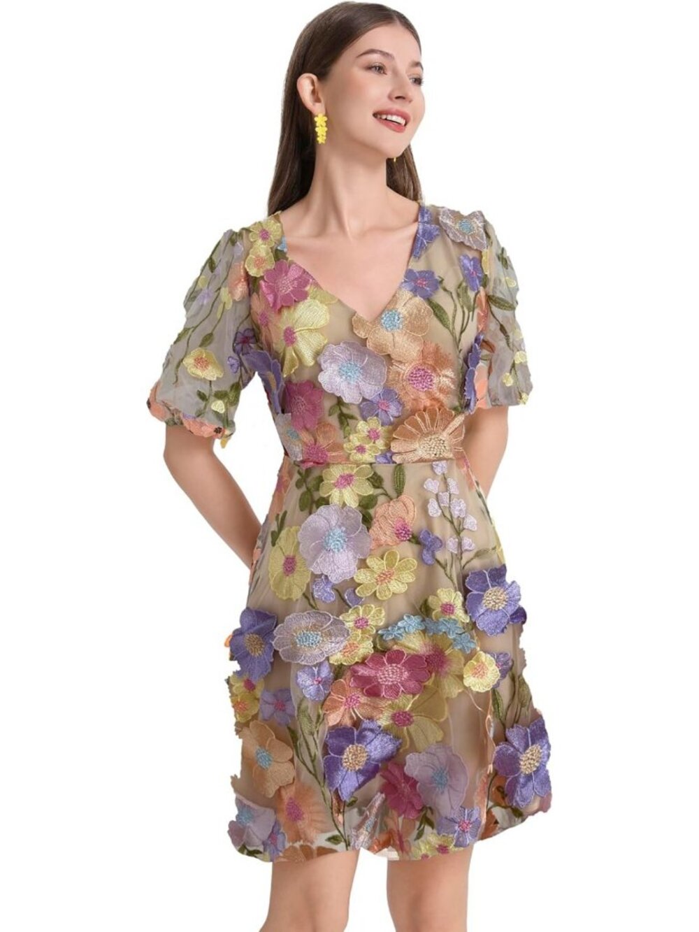 Floral Embroidery Tulle V-Neck Lace Mini Dress - Summer Style for Women